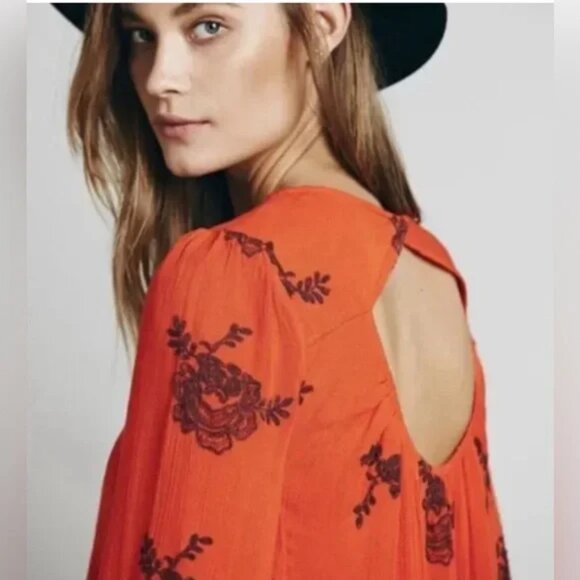 Free People Austin Emma Embroidered Mini Swing Dress In Blood Orange Size XS EUC - Picture 2 of 12